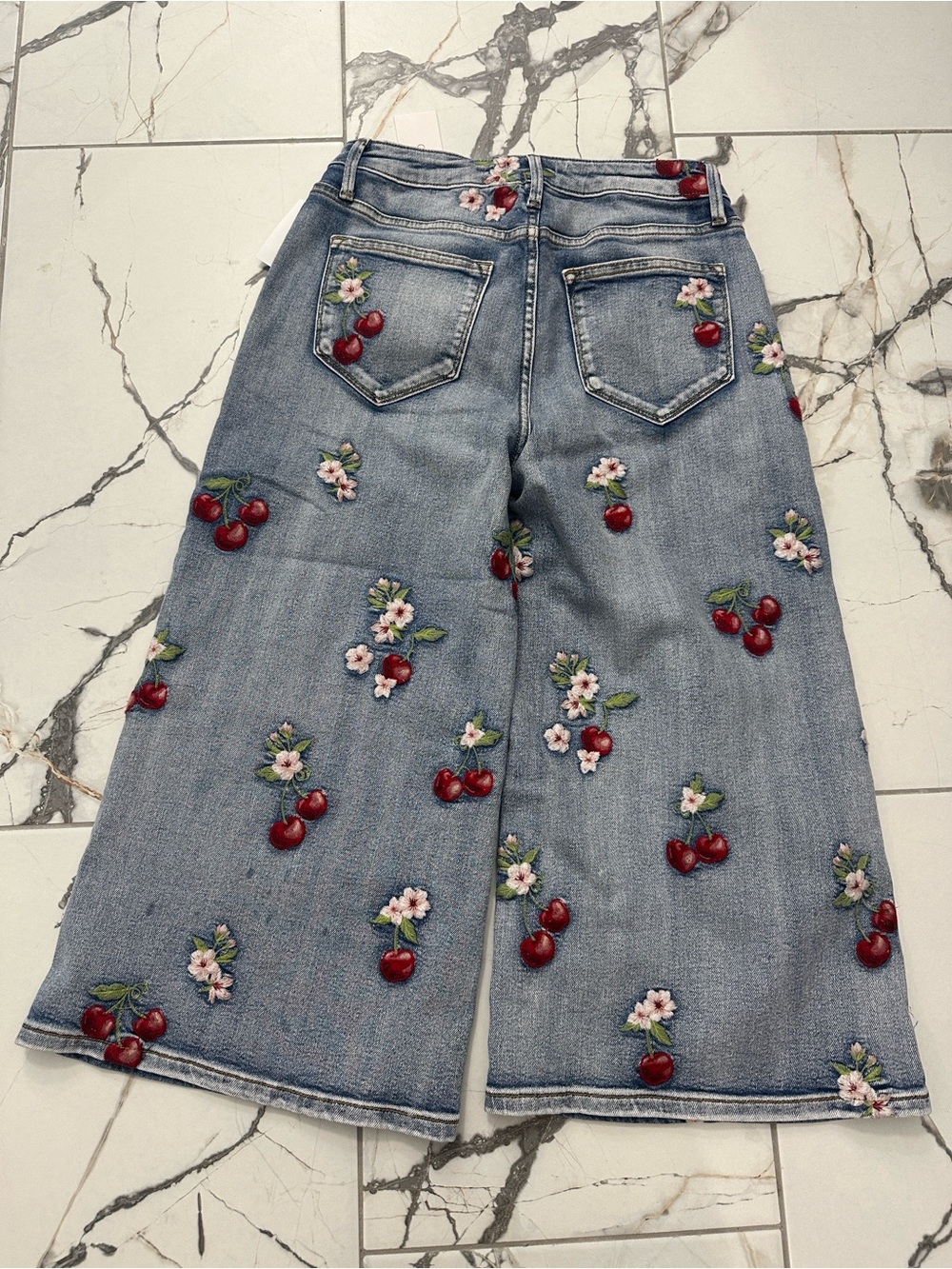 Embroidered Cherry Wide Leg Denim Culottes - Light Blue - Picture 3 of 4